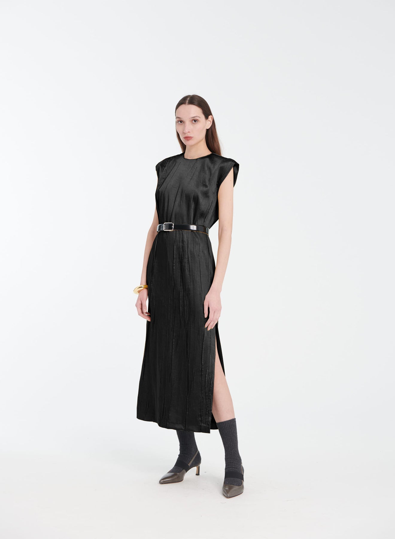 Black Crinkle Satin Midi Dress