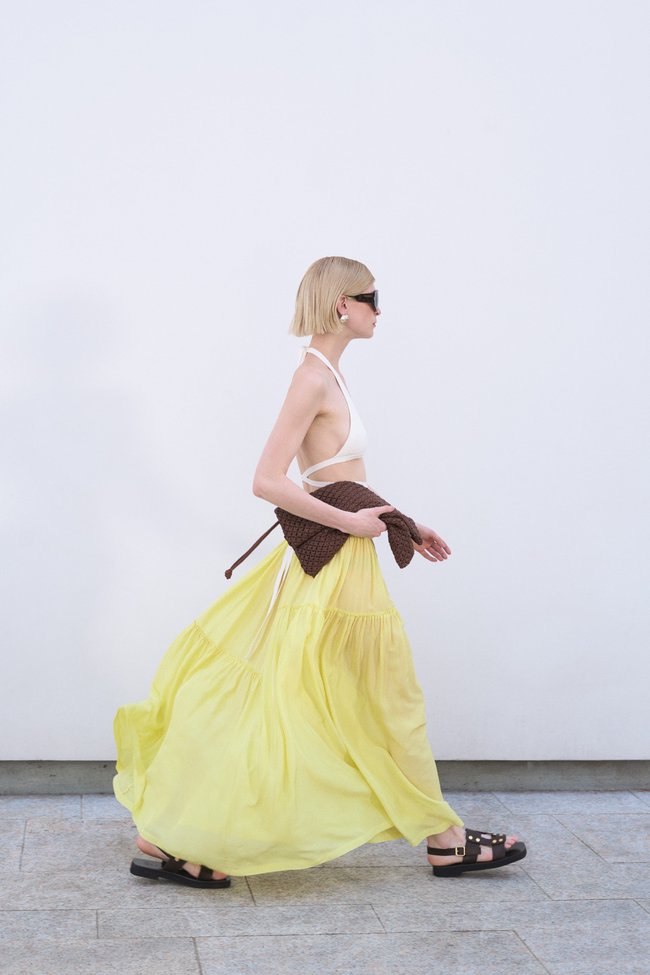 Yellow Silk Tiered Maxi Skirt