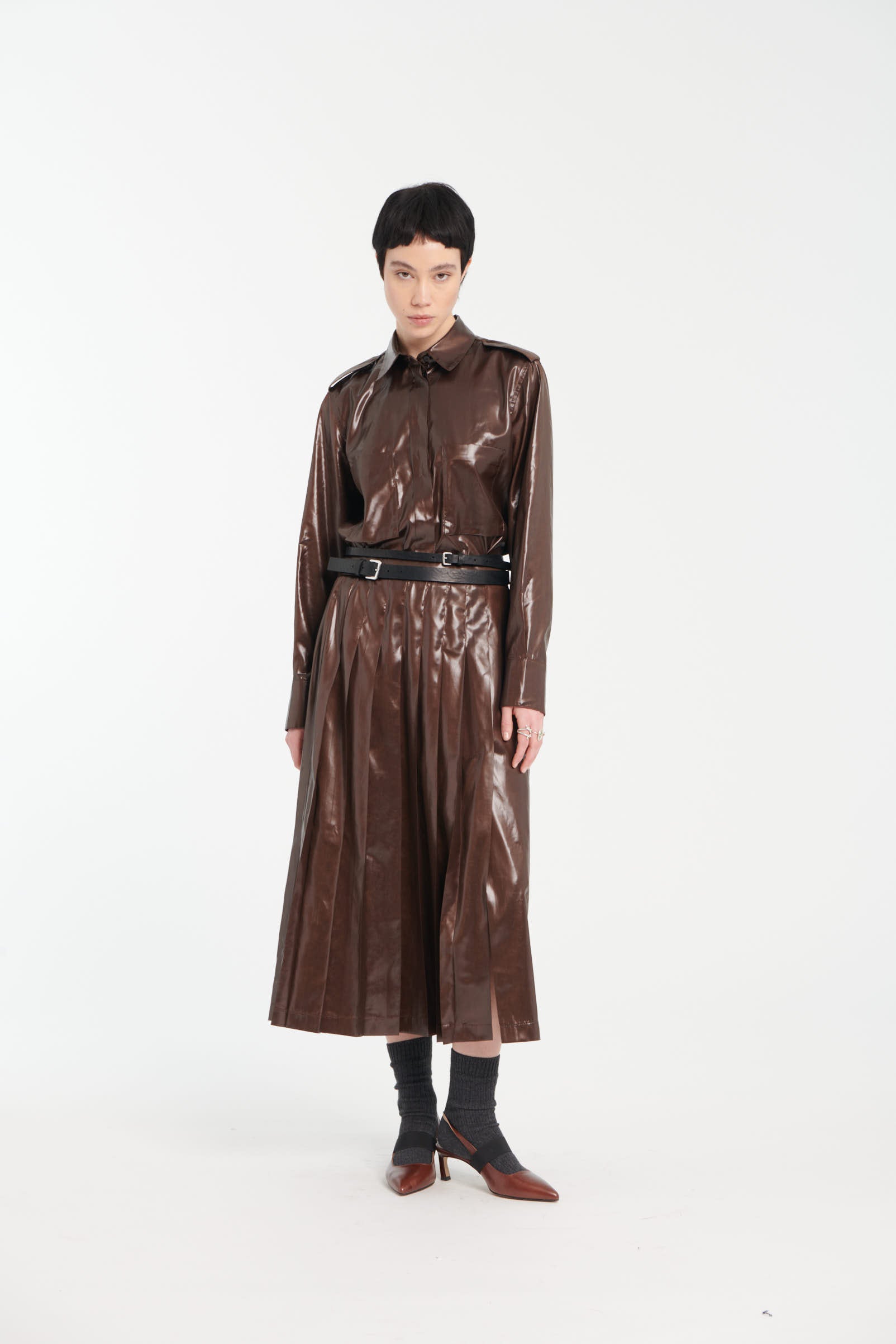 Cacao Taffeta Leather-Look Shirt