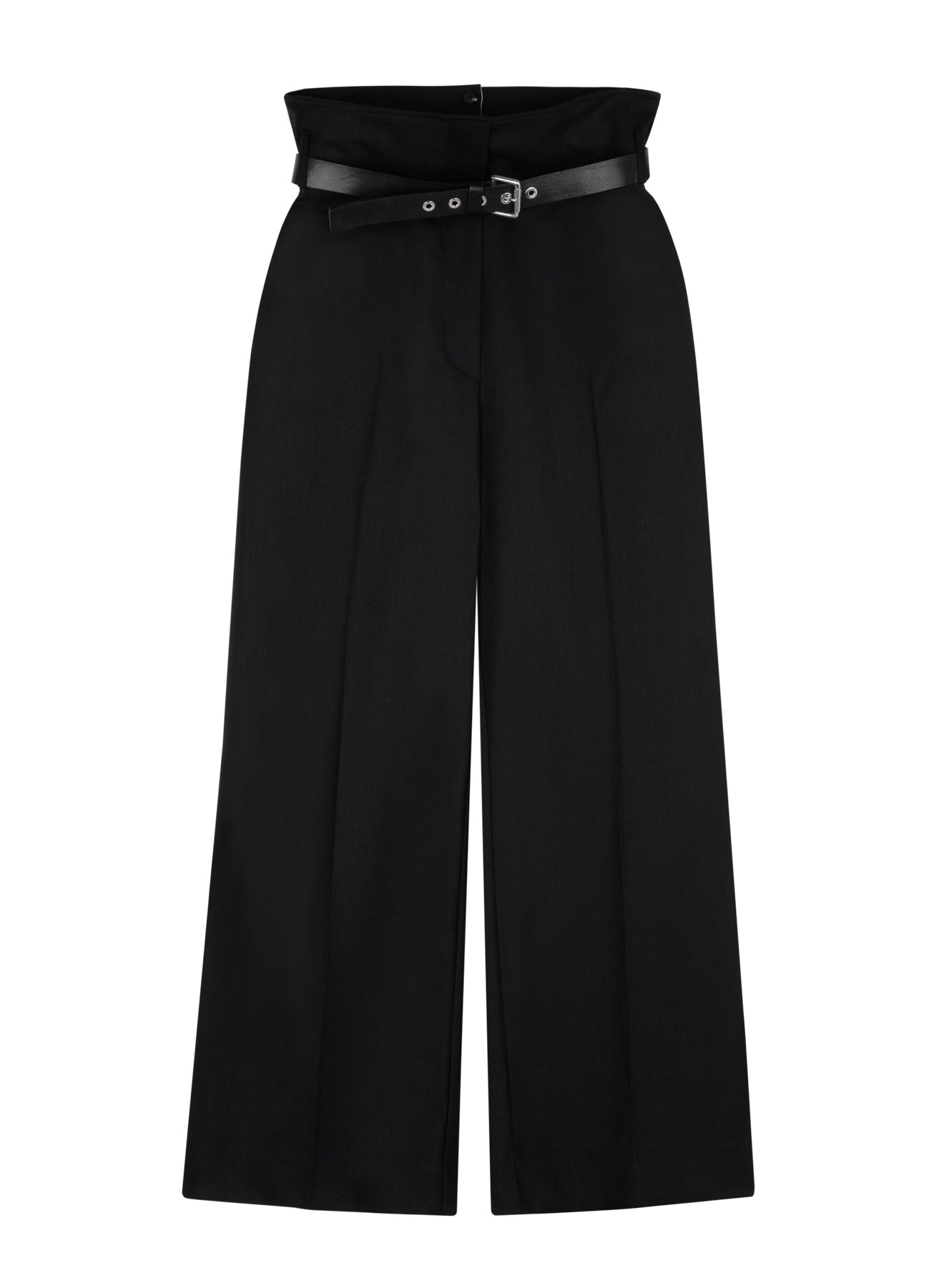 Black Wide-Leg Belt Trousers In Technical Wool