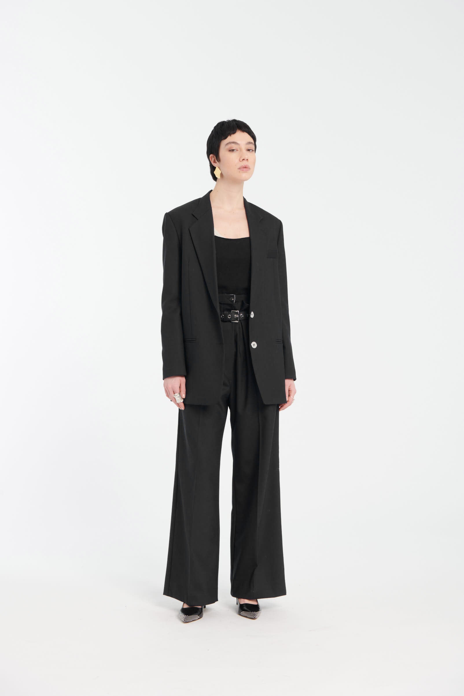 Black Wide-Leg Belt Trousers In Technical Wool