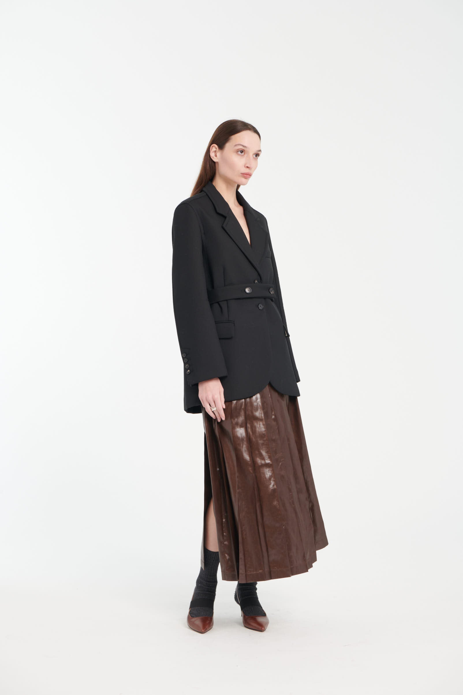 Taffeta Leather-Look Midi Skirt